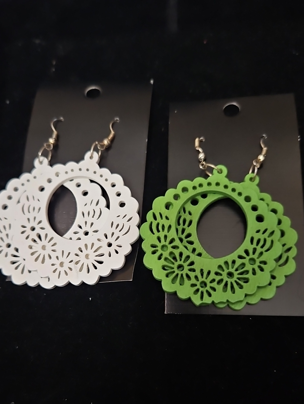 Two Pair Of Lace-Cut Plastic Hoop Earrings - White & Green. Fun Earrings!